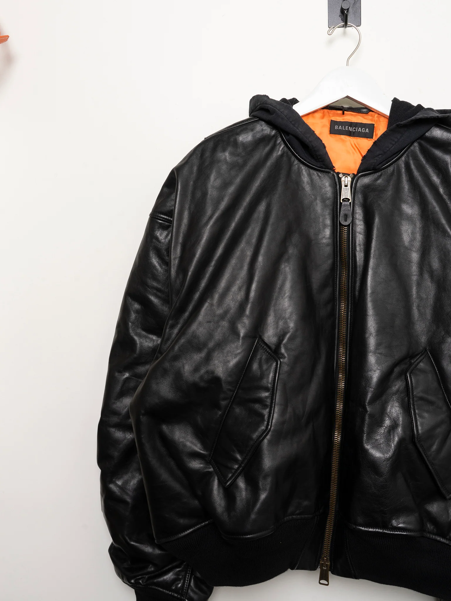 Hooded Leather Bomber Jacket - Image 2